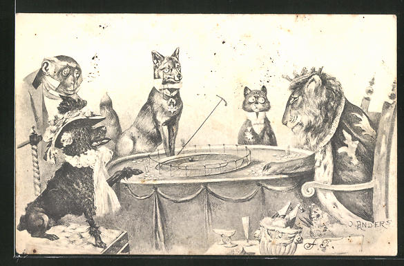 Ak Vermenschlichter Hund Affe Fuchs Katze Und Lowe Am Tisch Nr Oldthing Ansichtskarten Pflanzen Tiere Tiere Nach Tierarten