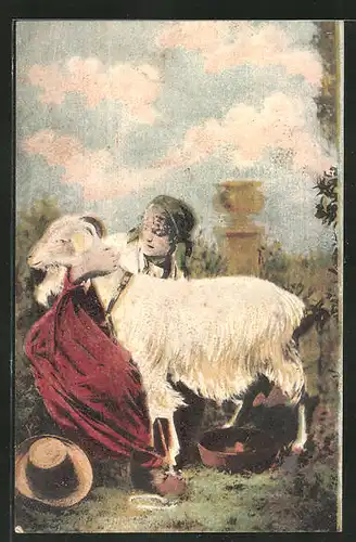 AK Junge Frau melkt eine Ziege