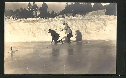 Foto-AK Paar übt Schlittschuhlaufen auf dem zugefrorenen See