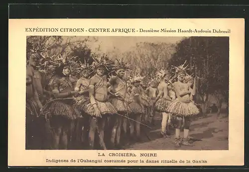 AK afrikanische Volkstypen, La Croisiere Noire, Indigenes de l'Oubangui costumes pour la danse rituelle de la Gan'za