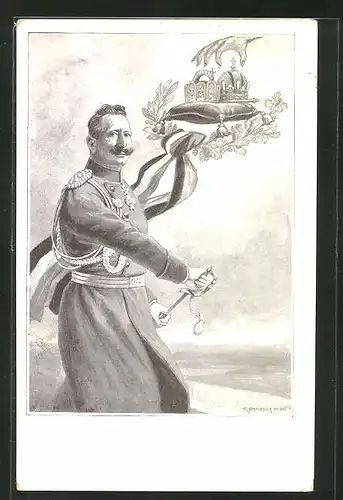 Künstler-AK Kaiser Wilhelm II. zieht sein Schwert, Krone auf einem Kissen