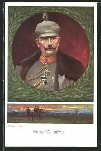 Künstler-AK Portrait von Kaiser Wilhelm II. und Ausritt im Sonnenuntergang