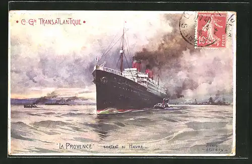 Künstler-AK Ernest Lessieux: Cie. Gle. Transatlantique Passagierschiff La Provence
