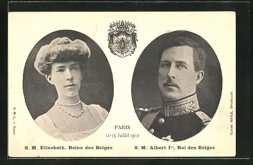 AK S.M. Elisabeth, Reine des Belges & S.M. Albert Ier, Roi des Belges 12-15 Juillet 1910 Paris