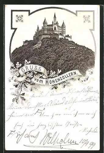 Lithographie Burg Hohenzollern vom Tal aus gesehen