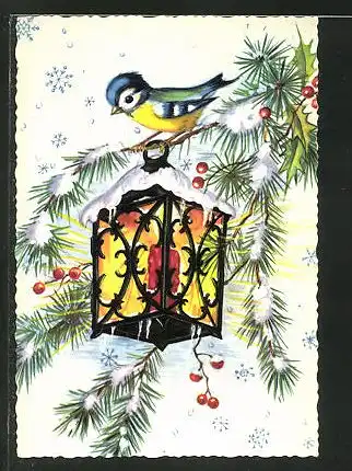 Mini-AK Vogel auf einem Tannenzweig mit Laterne im Winter