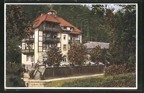 AK Bad Schandau, Partie am Hotel und Restaurant Schrammsteinbaude