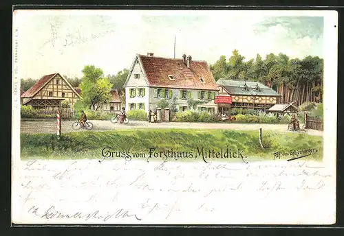 Lithographie Neu-Isenburg, Forsthaus und Gasthaus Mitteldick