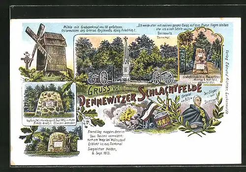 AK Dennewitz, Mühle, Denkmal, Grabdenkstein und Portrait von General von Bülow