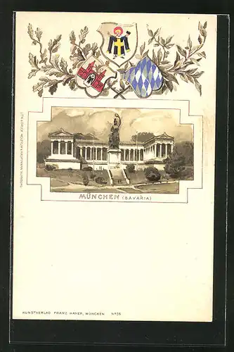 Passepartout-Lithographie München, Bavaria und Ruhmeshalle, Wappen