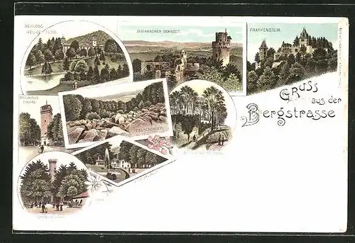 Lithographie Auerbach, Ansicht vom Schloss, Melibocus Thurm, Felsenmeer