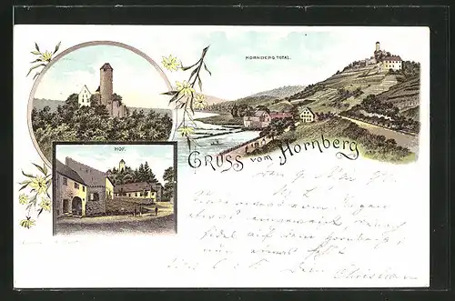 Lithographie Neckarzimmern, Hornberg, Hof und Schlossturm