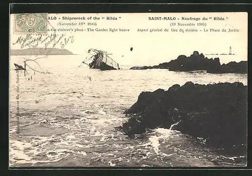 AK Saint-Malo, Naufrage du "Hilda" 1905, Aspect général du lieu du sinistre, Le Phare du Jardin, Seenotrettung