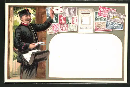 Präge-AK Briefträger mit Brief, versch. Briefmarken, Briefkasten