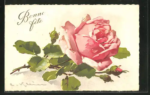 Künstler-AK Catharina Klein: Bonne Fete, rosa Rose mit Knospe