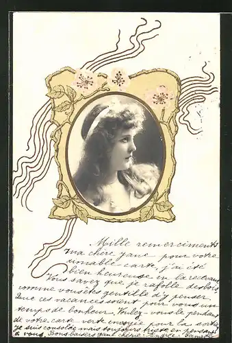 Präge-AK Damenportrait im Profil im Ornamentrahmen im Jugendstil