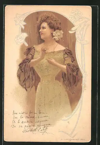 Lithographie Dame im edlen Kleid mit Blütenschmuck im Haar, Jugendstil