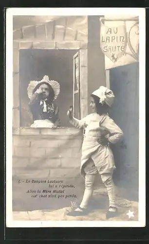 AK "Le Compère Lustucru...", Koch und Dienstmädchen unterhalten sich am offenen Fenster