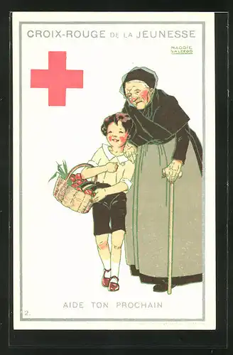 Künstler-AK Maggie Salzedo: Croix-Rouge de la Jeunesse, Aide ton Prochain, Rotes Kreuz, Kind und Greisin