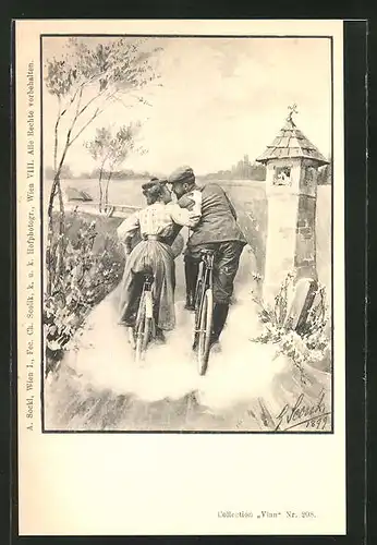 Künstler-AK Charles Scolik: Frau und Mann kurz vor einem Kuss Fahrrad fahrend