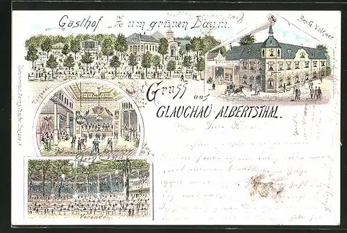 Lithographie Glauchau-Albertsthal, Gasthof zum grünen Baum, Tanzsaal