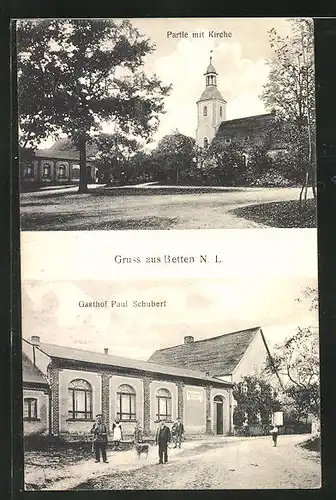 AK Betten, Gasthof Paul Schubert, Strassenpartie mit Kirche