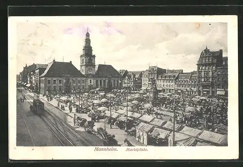 AK Mannheim, Strassenbahn am Marktplatz