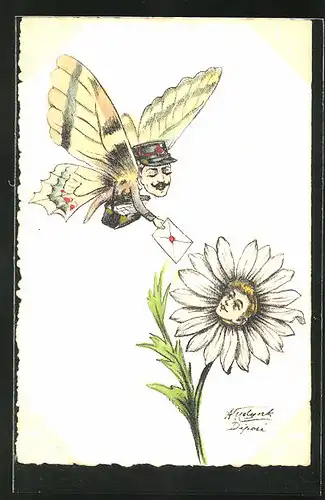 Künstler-AK sign.: Schmetterling mit menschlichem Kopf übergibt einer Blume einen Brief