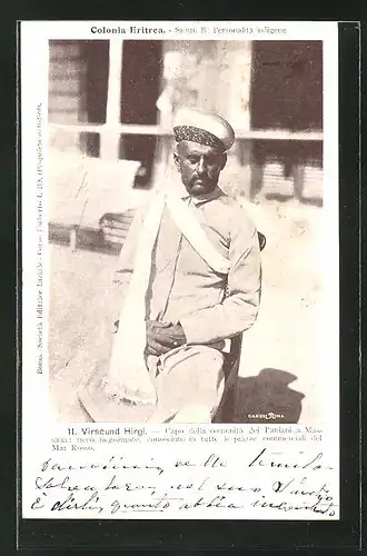 AK Eritrea, Virscund Hirgi, Capo della communità deil Paniani a Massaua, Halbportrait mit Turban und Schal