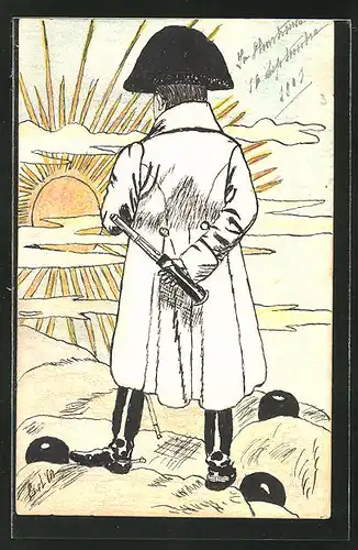 Künstler-AK Handgemalt: Napoleon mit Fernrohr im Sonnenschein
