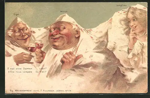 Künstler-AK Killinger Nr. 114: Eiger und Mönch trinken ein Glas Rotwein, Berg mit Gesicht / Berggesichter
