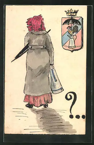 Künstler-AK Handgemalt: Frau im Mantel mit Schirm und Wappen