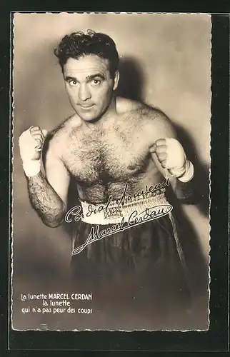 Foto-AK Portrait von Boxer Marcel Cerdan mit Bandagen