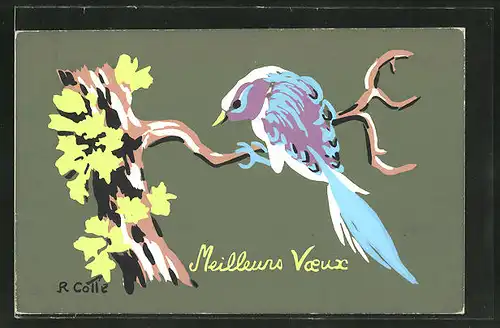 Künstler-AK Handgemalt: Meilleurs Voeux, Vogel auf einem Zweig, Schablonenmalerei