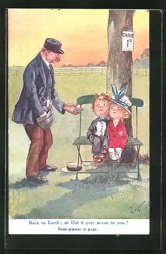 Künstler-AK T. Gilson: Mann verlangt von Kindern Geld für das Sitzen auf einer Bank
