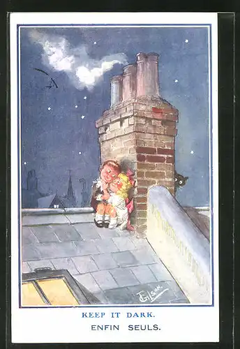 Künstler-AK T. Gilson: Kinder sitzen Nachts auf dem Dach
