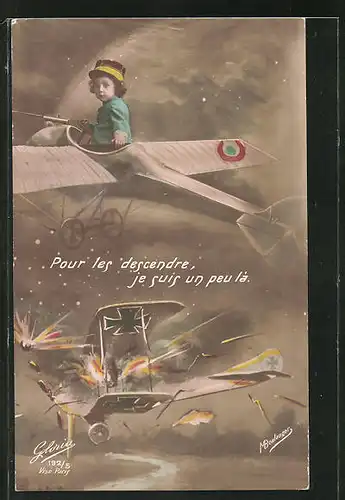 AK Kinder Kriegspropaganda, Kind im Flugzeug holt deutschen Flieger vom Himmel, Fotomontage