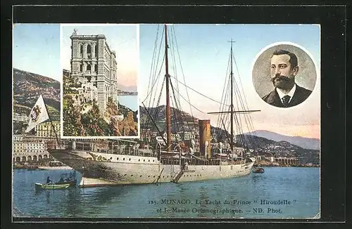AK Monaco, Le Yacht du Prince "Hirondelle" et le Musee Oceanographique, Portrait Prinz Albert von Monaco