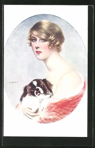 Künstler-AK sign. G. Herve: Caresses, hübsche Frau mit kleinem Hund im Portrait