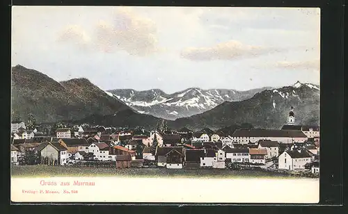 AK Murnau, Panoramablick vom Ort mit Gebirgen im Hintergrund