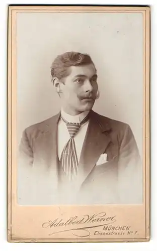 Fotografie Adalbert Werner, München, Portrait junger Mann mit Schnauzbart und gestreifter Krawatte im Anzug