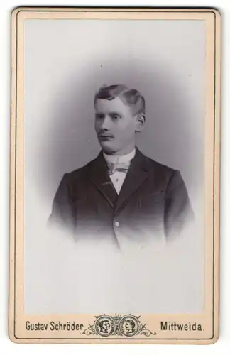 Fotografie Gustav Schröder, Mittweida, Portrait junger blonder Mann mit Fliege im eleganten Jackett