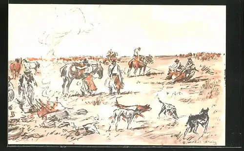 Künstler-AK sign. Enrique Castells Capurro: Cowboys mit der Kuhherde auf der Weide