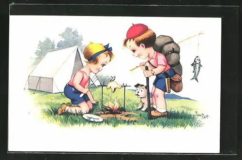 Künstler-AK sign. Jim Patt: Zwei Kinder vor einem Zelt beim grillen eines Vogels