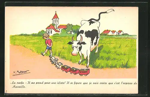 Künstler-AK sign. V.Spahn: Junge spaziert entlang einer Wiese vorbei an einer Kuh