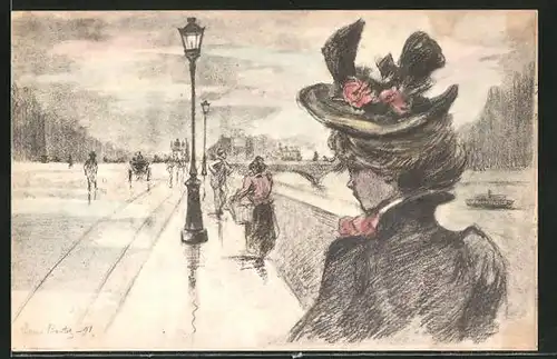 Künstler-AK Henri Boutet: Dame mit Hut beobachtet Passanten, Strassenpartie am Fluss im dunkeln