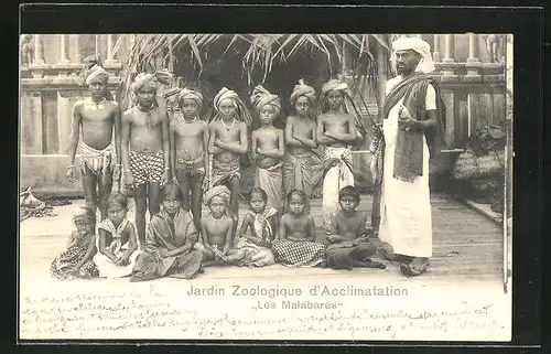 AK Völkerschau, Jardin Zoologique d'Acclimatation, "Les Malabares", Asiatische Kinder vor einer Hütte