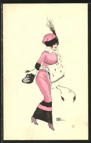 Künstler-AK sign. Leonnec: Elegante Dame mit Muff und Schal aus Hermelin