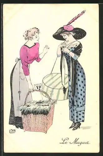 Künstler-AK sign. Leonnec: Le Muguet, Dienstfrau und Dame mit Hutschachtel
