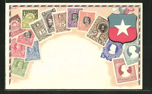 Präge-AK Chile, Briefmarken mit verschiedenen Werten, Wappen